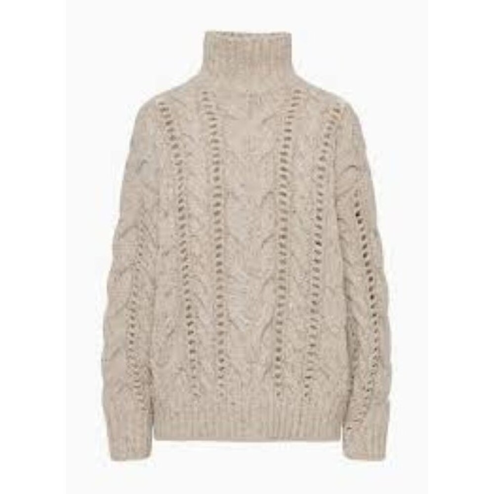 Wilfred Free Aritzia Stretch Wool Cable Knit Turtleneck Sweater Sz S Oat Beige